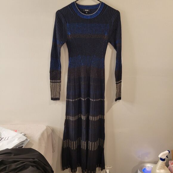 ME+EM Knitted Rib Detail Metallic Stripe Dress Black Size 2 Maxi Multicolor - Picture 1 of 9